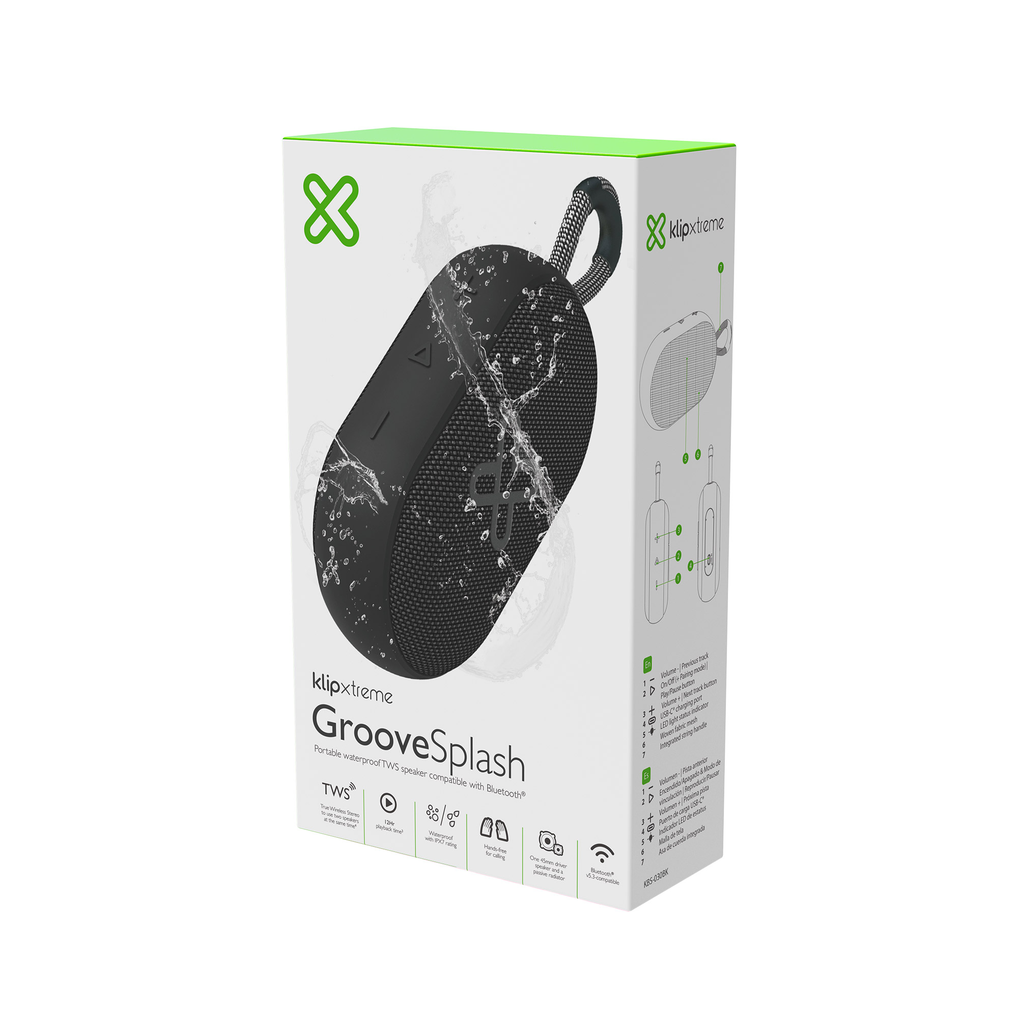 KLIP XTREME Parlante GrooveSplash - BT 5.3 - IPX7 - 12 Hs - Negro - KBS-030BK