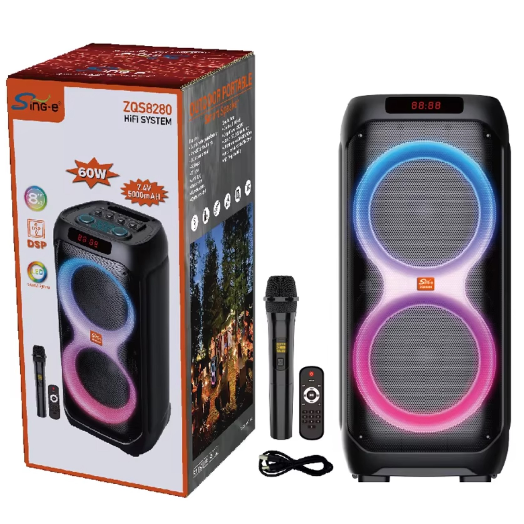 SING-e Parlante Karaoke ZQS 8280 - Control - Micro Inal - Luces LED - 60W